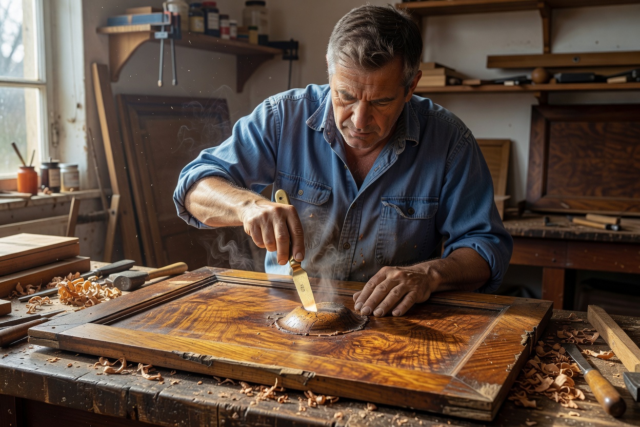 Cabinetmaker carefully leveling a historic veneer blister with heated brass spatula