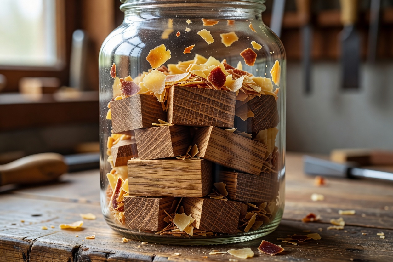 Close-up of quartersawn oak grain and button shellac flakes in an artisan glass jar