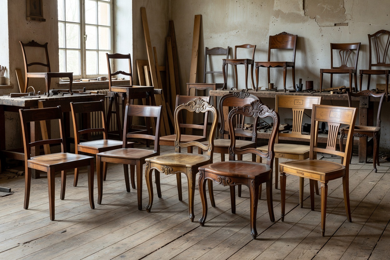 Collection of classic European chairs including Biedermeier, Louis XV, and Directoire frames in workshop