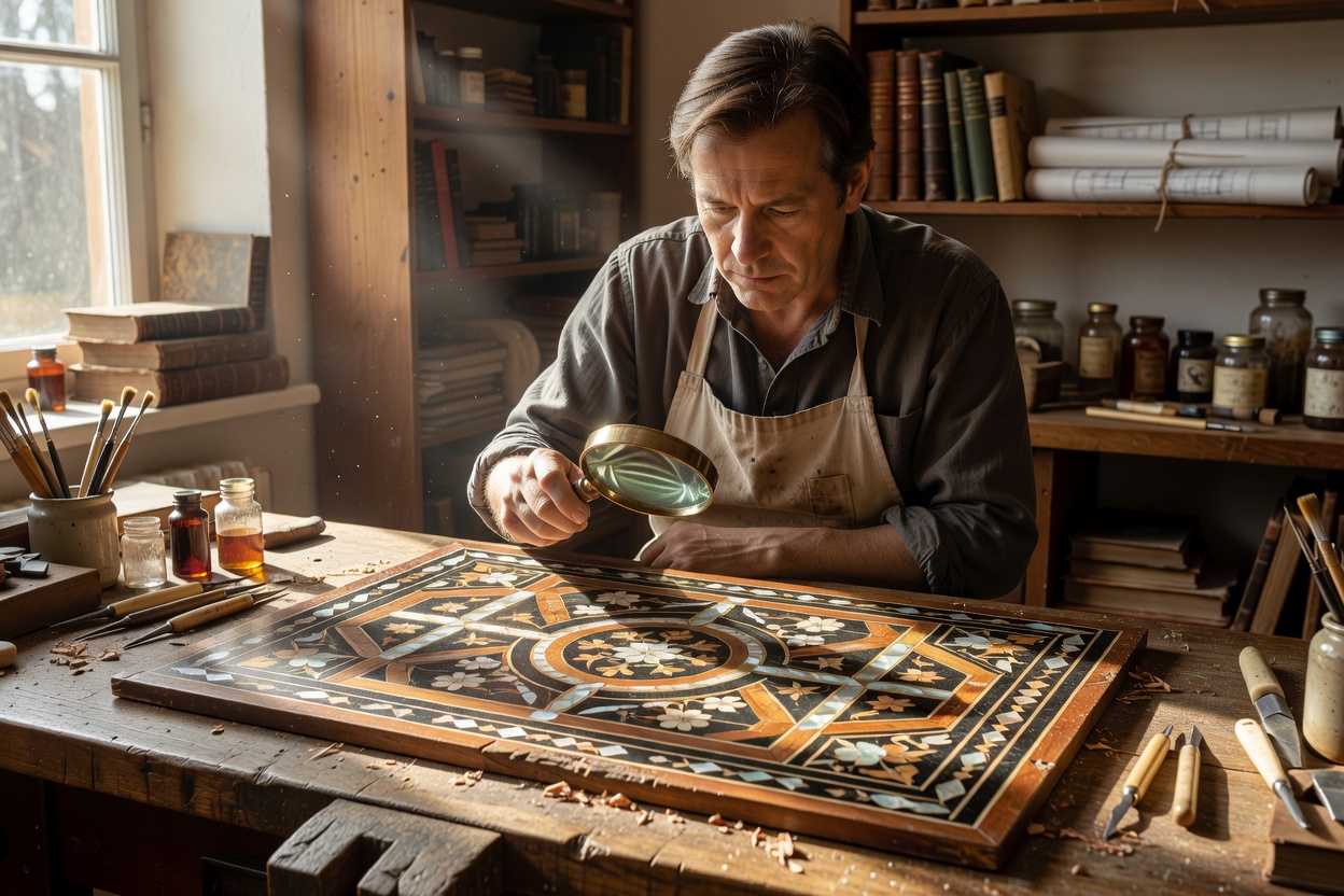 Conservator holding magnifying lens over historic marquetry inlay under natural workshop raking light