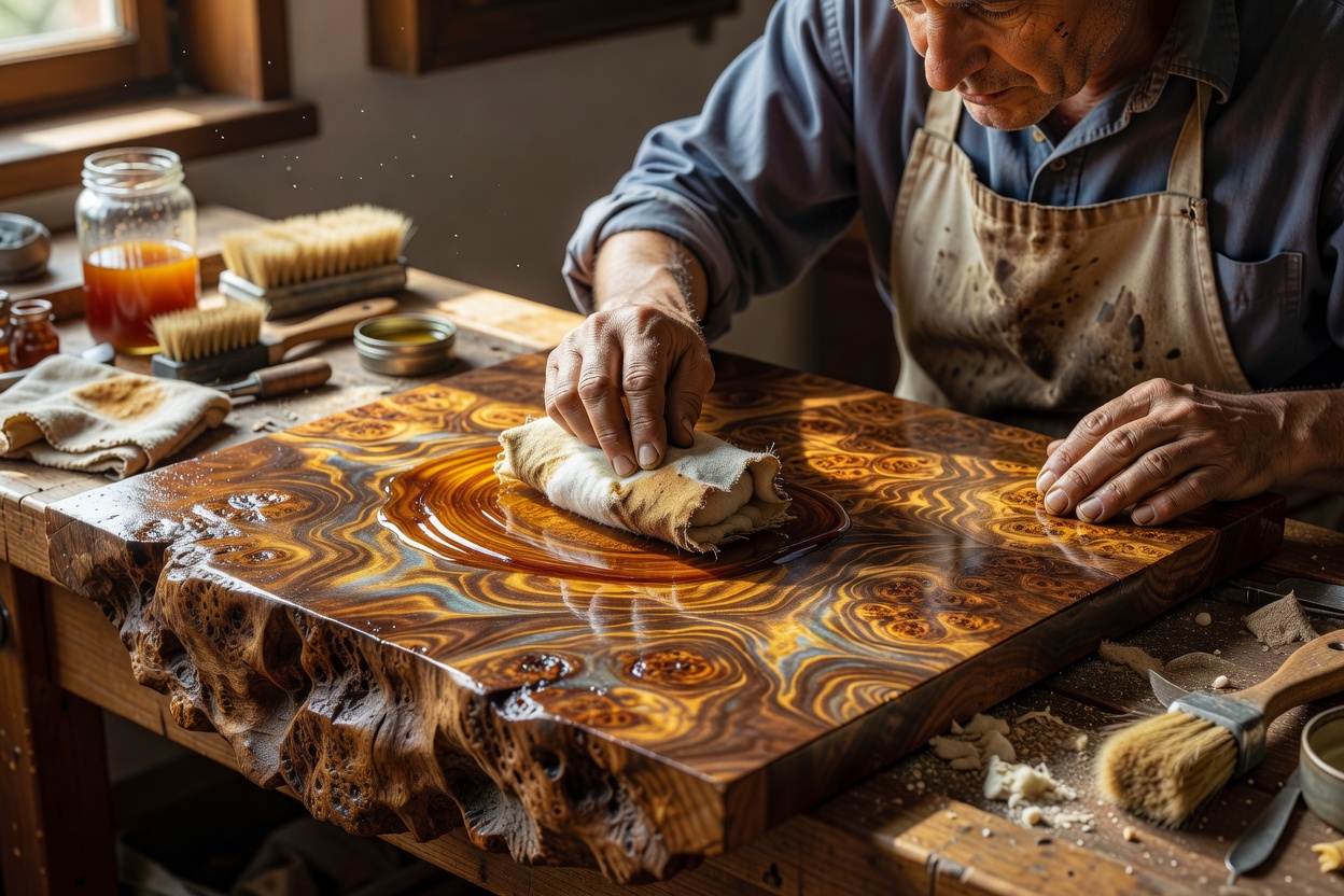 Conservator holding traditional French polishing fad applying spirit shellac to figured European walnut burl