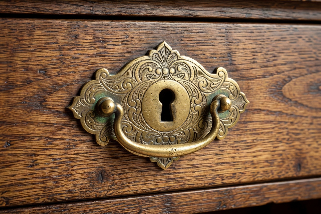Detailed close up of 18th-century hand-chased brass drawer handle escutcheon and keyhole on oak carcase