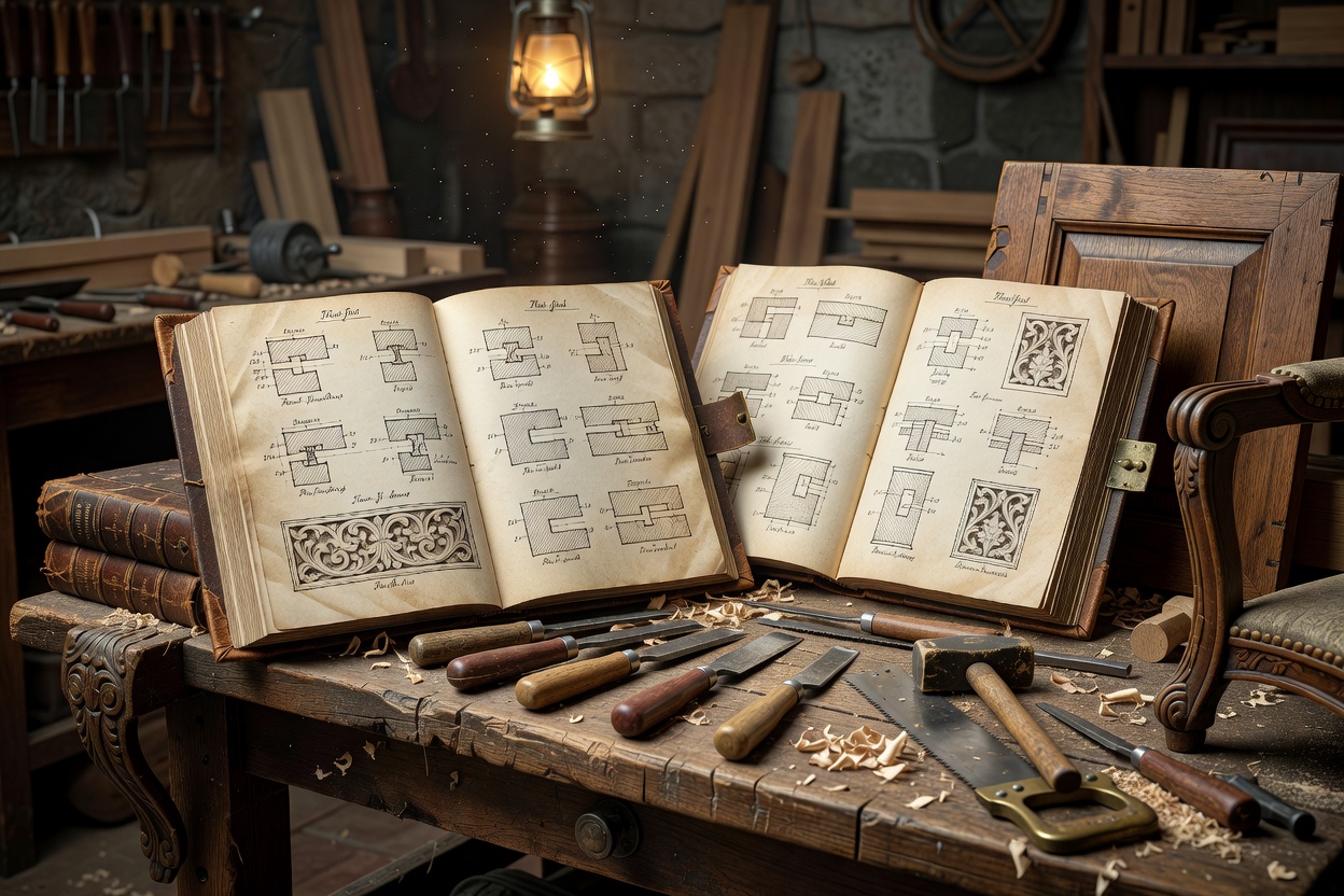 Illustrated European antique furniture joinery reference books open on workshop bench