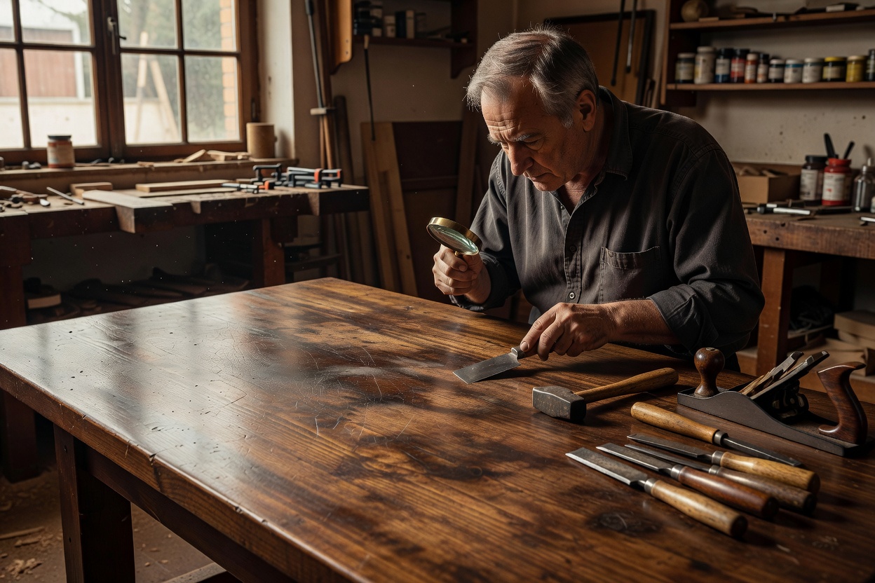 Master restorer inspecting a patinated solid walnut table surface with traditional hand tools