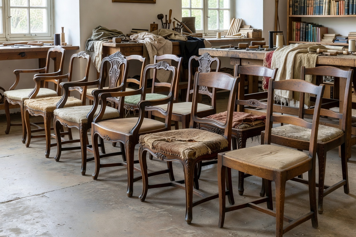 Row of historic European dining chairs and armchairs awaiting upholstery conservation