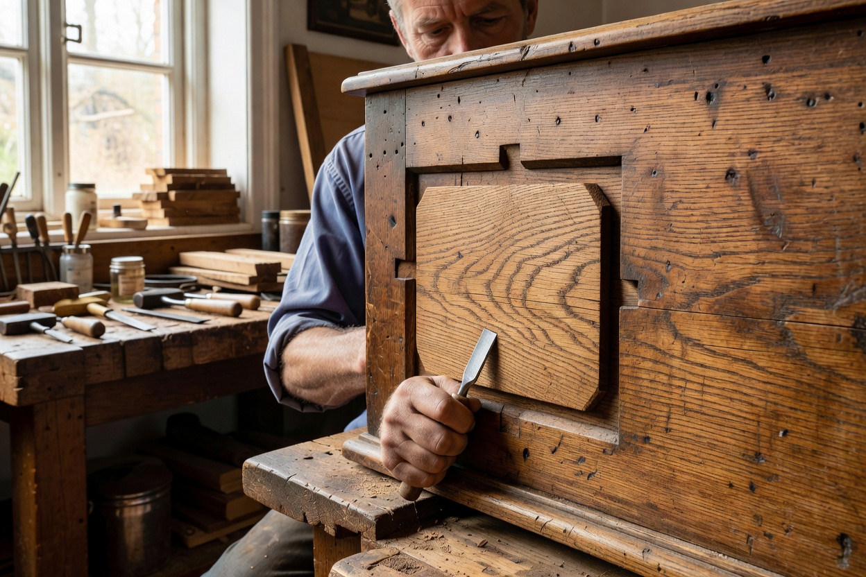 Wood conservator inserting a grain-matched timber Dutch repair patch into an antique carcase